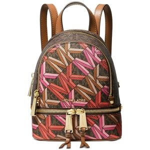 NWT Michael Kors Rhea Zip XS Messenger Backpack Brown Multi